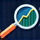 Icon of a magnifying glass over a stock chart, highlighting growth opportunities presented by AI analysis for career and investment paths.
