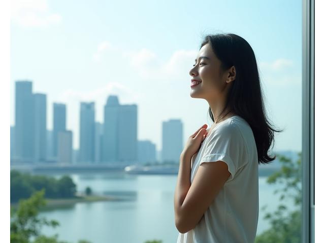 Person looking at a serene Singapore skyline, hand on heart, representing financial peace after overcoming debt.