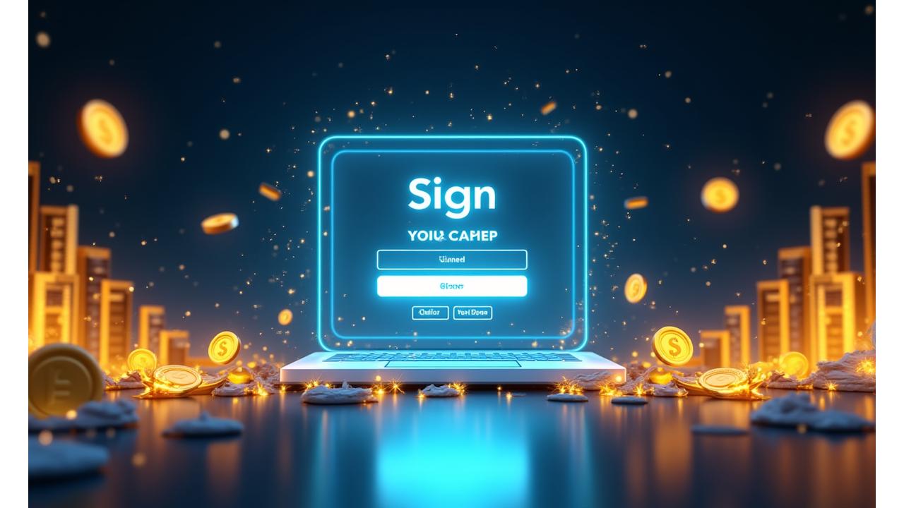 Dynamic illustration of a sign-up interface overlaying a background of glowing financial game elements like coins, charts, and virtual badges.